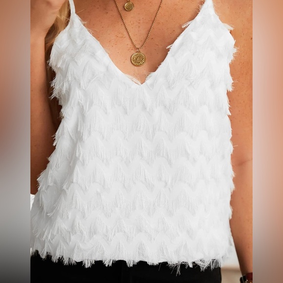 CupShe Feathered White Cami New With Tags Fringe V Neck Flowing Angel Vibes - Picture 3 of 9